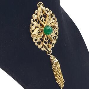 Sarah Coventry Gold Tassel Brooch Faux Jade Green Glass Cab Filigree Pin Vintage